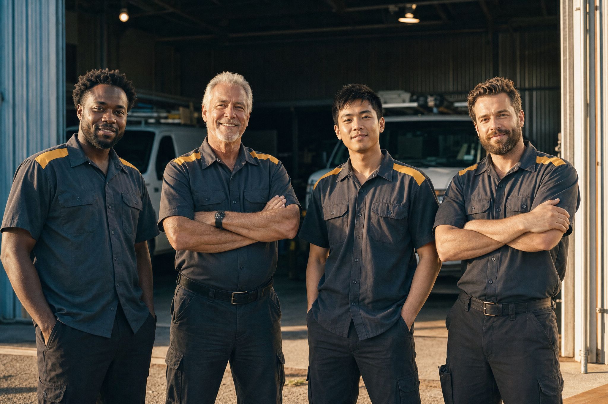 Four Swift Tech technicians in charcoal and amber uniforms standing in front of an open shop bay door in late afternoon light.