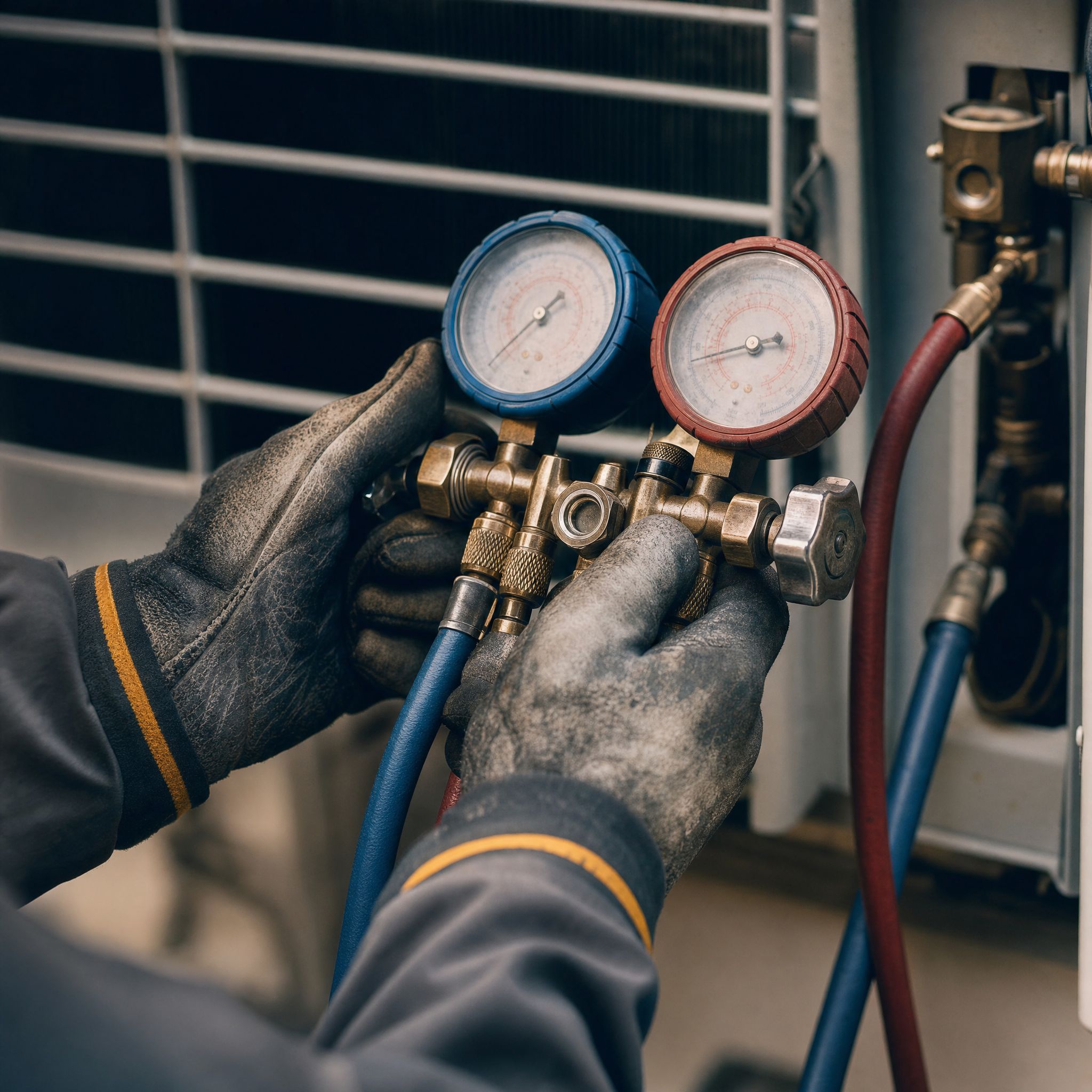 Close-up of brass refrigerant manifold gauges connected to an air conditioning service port.