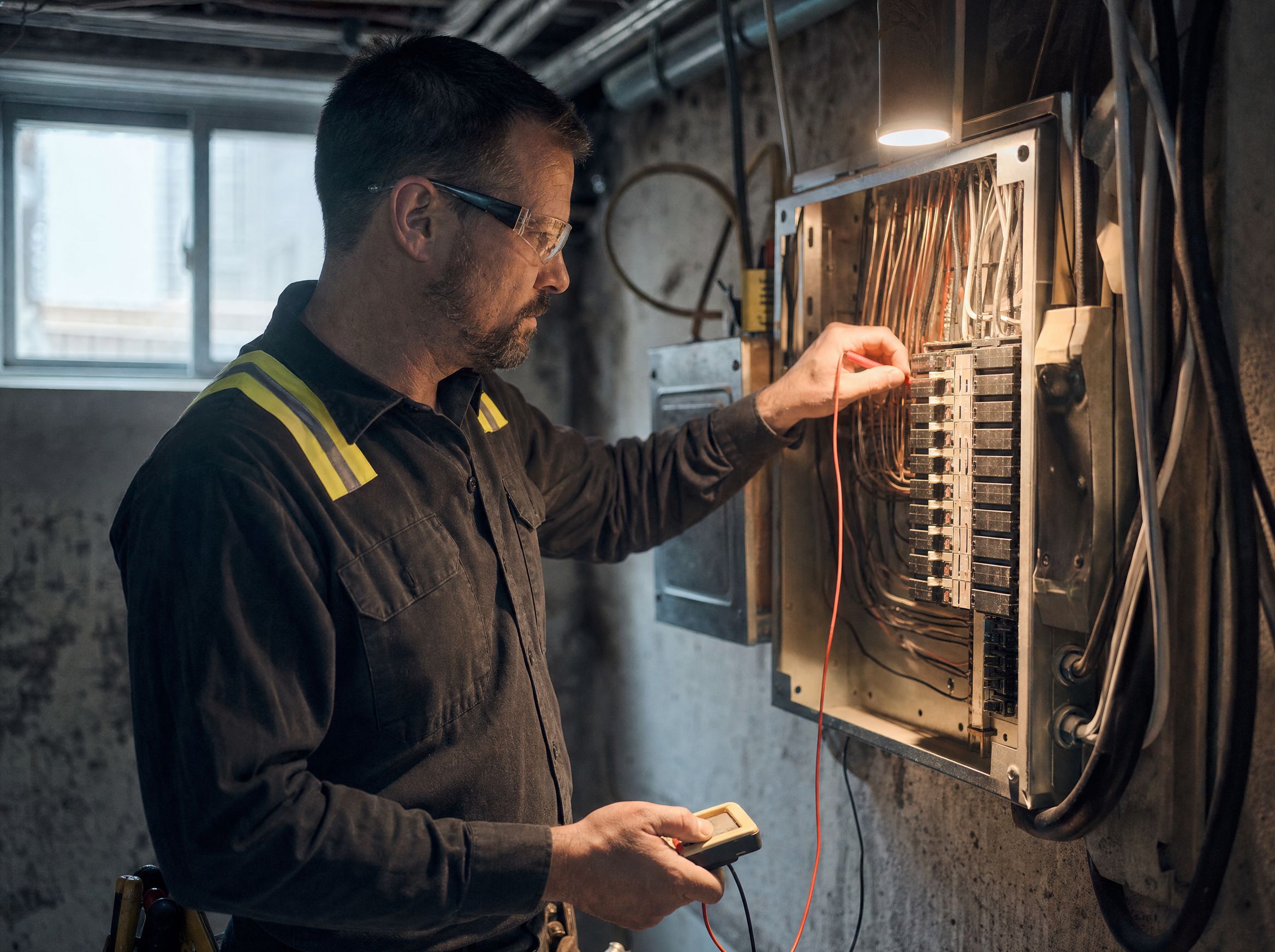Electrician testing a breaker with a multimeter at an open residential electrical panel.