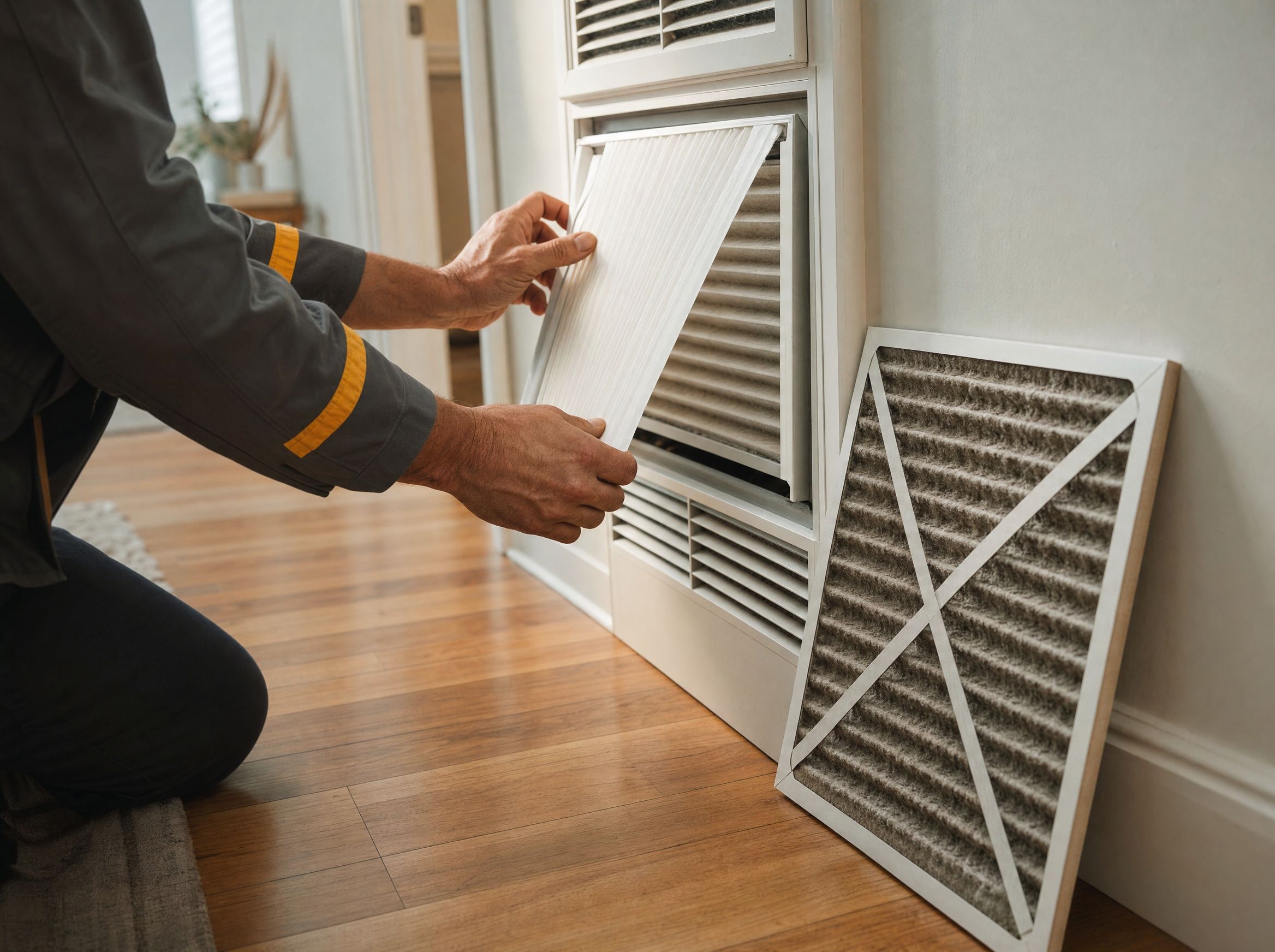 A clean pleated air filter being slid into a hallway return air grille next to a dust-loaded old filter.