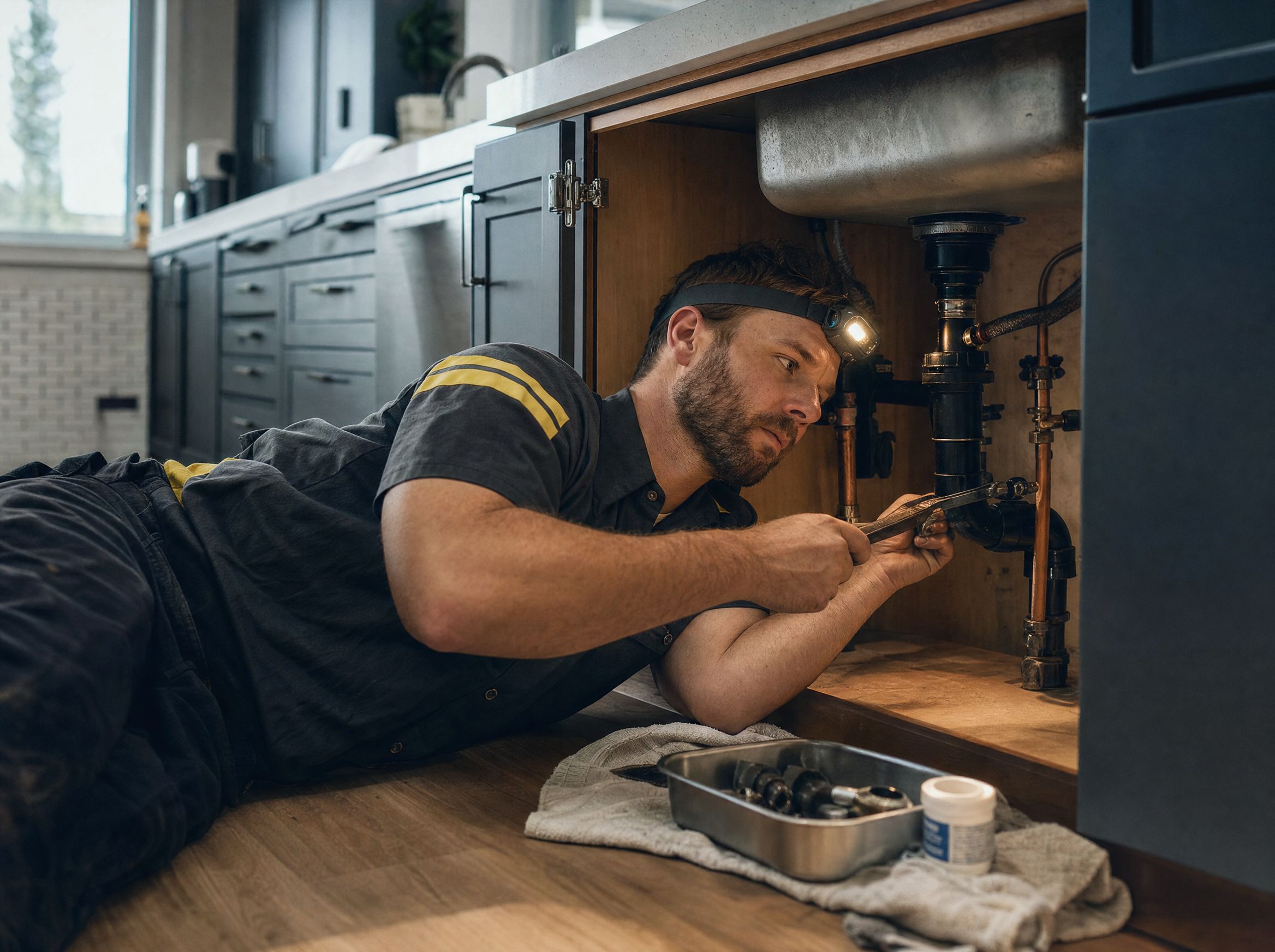 Plumber working on the copper supply lines and P-trap under a kitchen sink by headlamp.